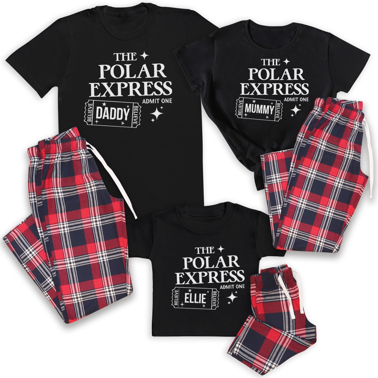 PERSONALISED Polar Express Name Family Matching Christmas Pyjamas Top Tartan PJ Bottoms (Sold Separately) Black Mens Small