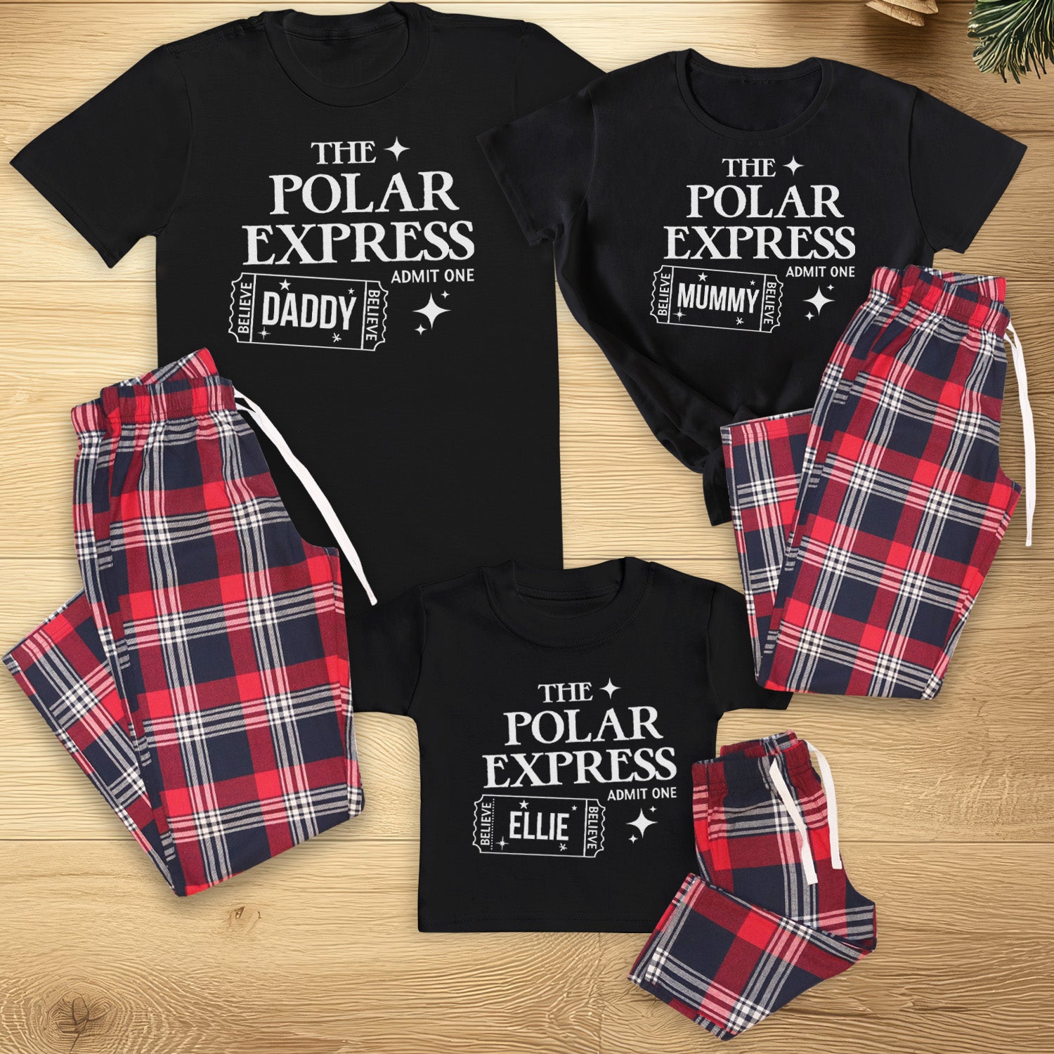 PERSONALISED Polar Express Name - Family Matching Christmas Pyjamas - Top & Tartan PJ Bottoms - (Sold Separately)