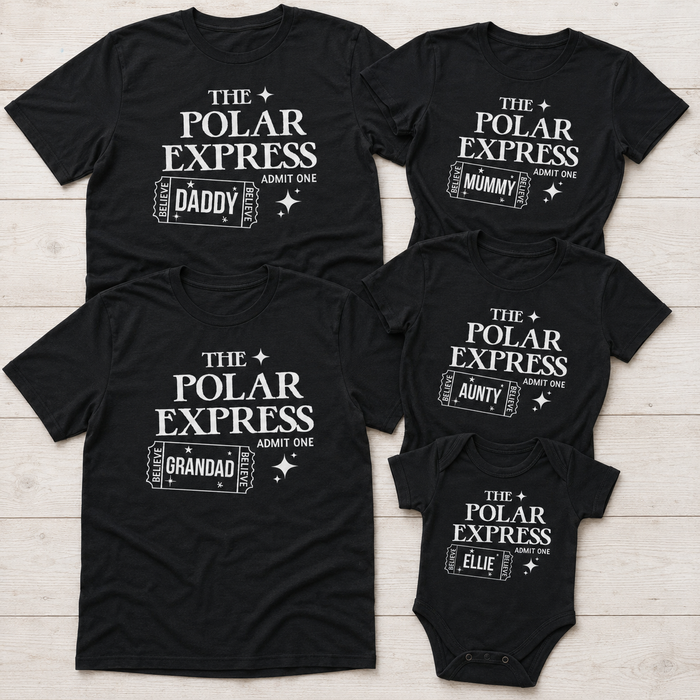 PERSONALISED Name The Polar Express Admit One - Family Matching Christmas Tops - Adult, Kids & Baby - (Sold Separately)