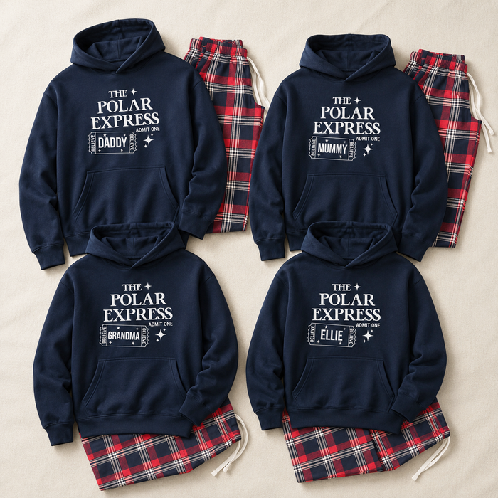 PERSONALISED Polar Express - Family Matching Christmas Pyjamas - Hoodie & Tartan PJ Bottoms - (Sold Separately)