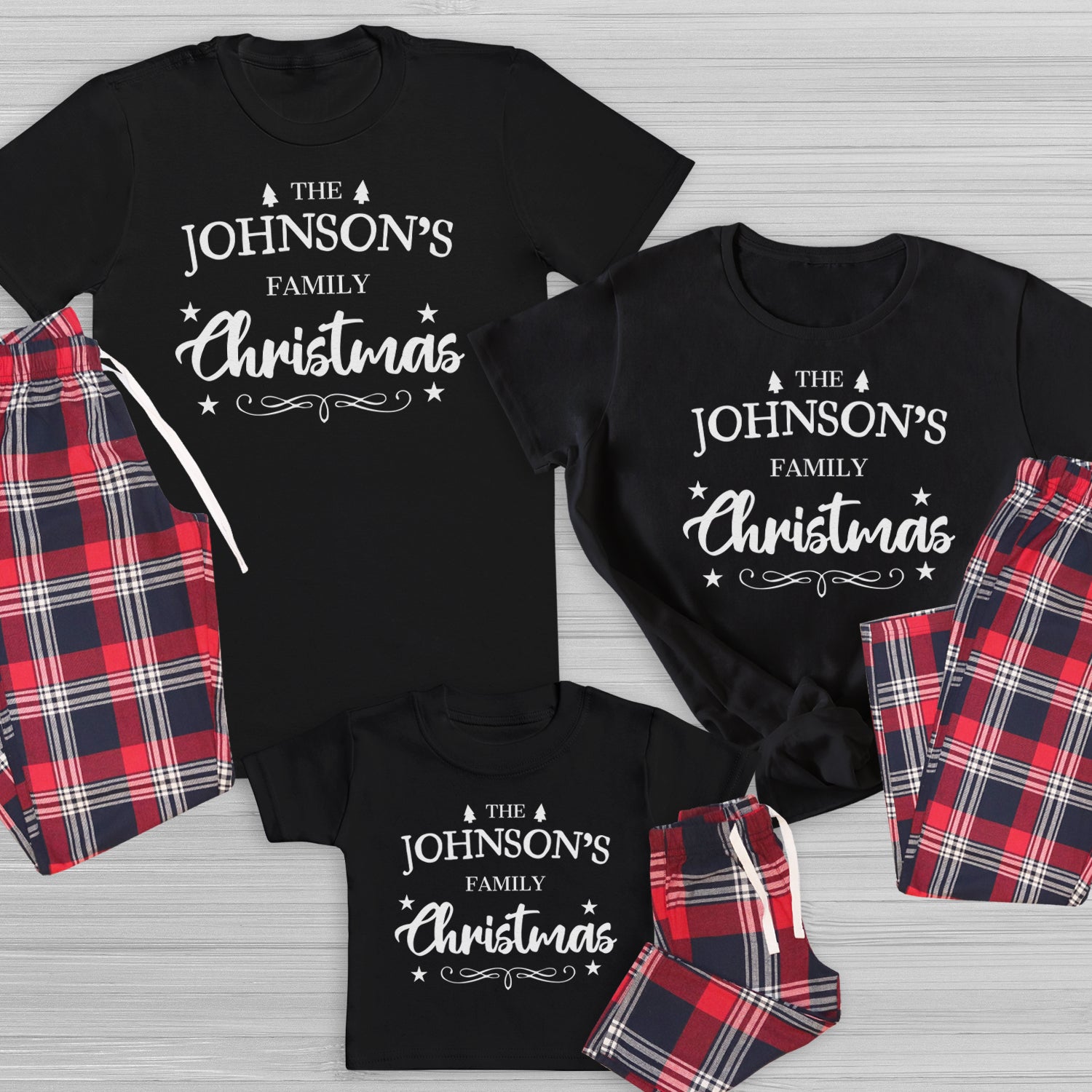 PERSONALISED The Family At Chirstmas - Top & Tartan PJ Bottoms - (Sold Separately)