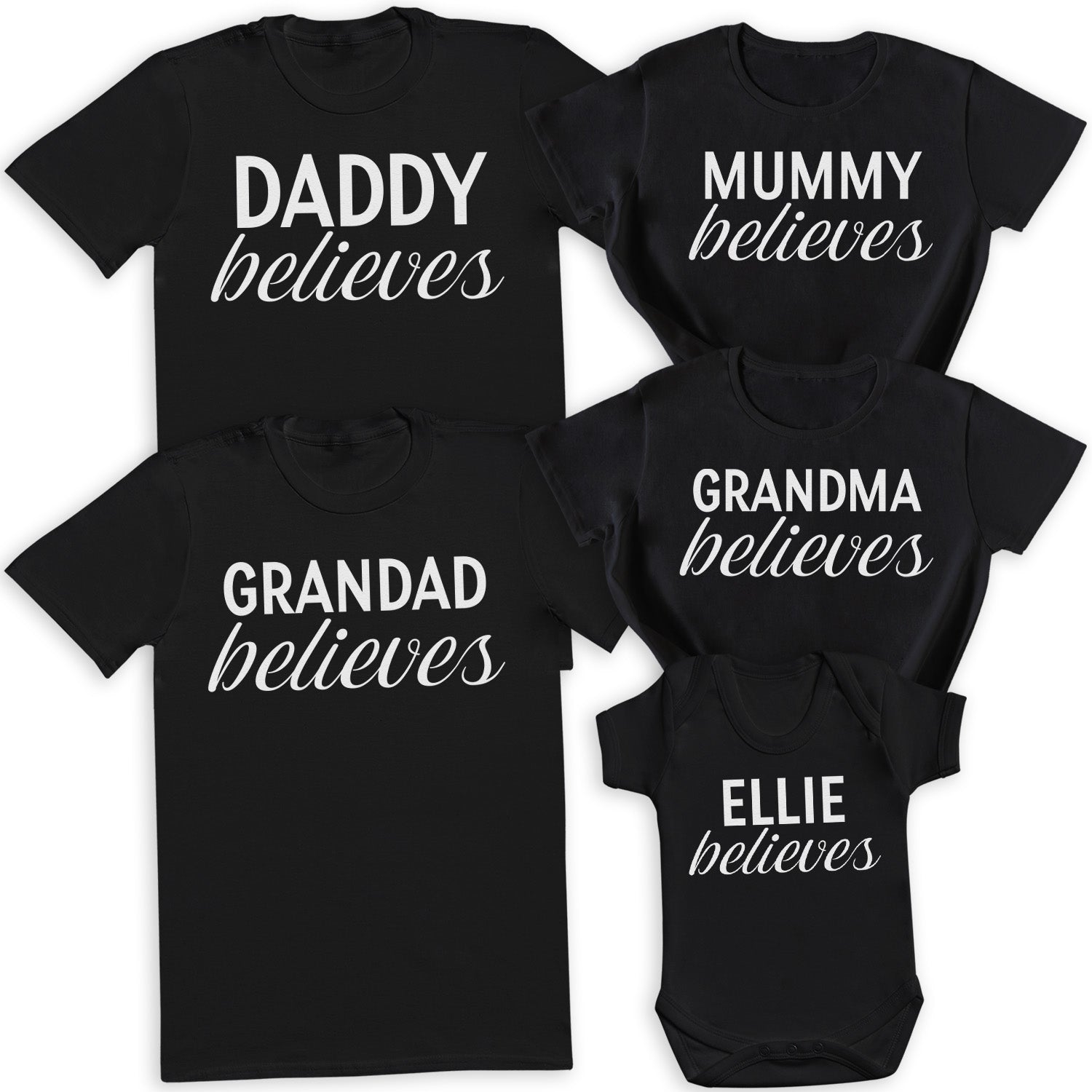 PERSONALISED Name Believes White - Family Matching Christmas Tops - Adult, Kids & Baby - (Sold Separately)