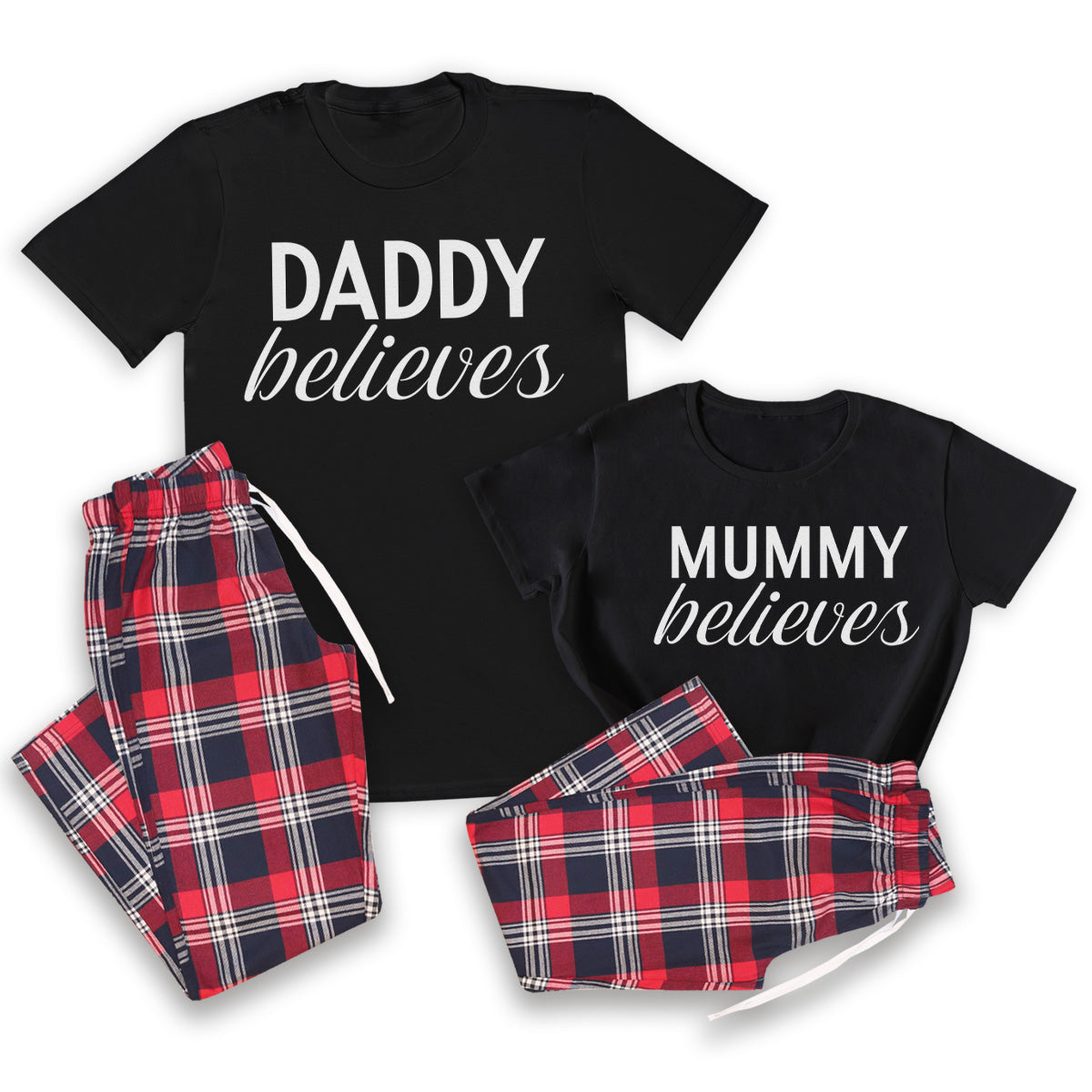 PERSONALISED Name Believes White Design - Family Matching Christmas Pyjamas - Top & Tartan PJ Bottoms - (Sold Separately)