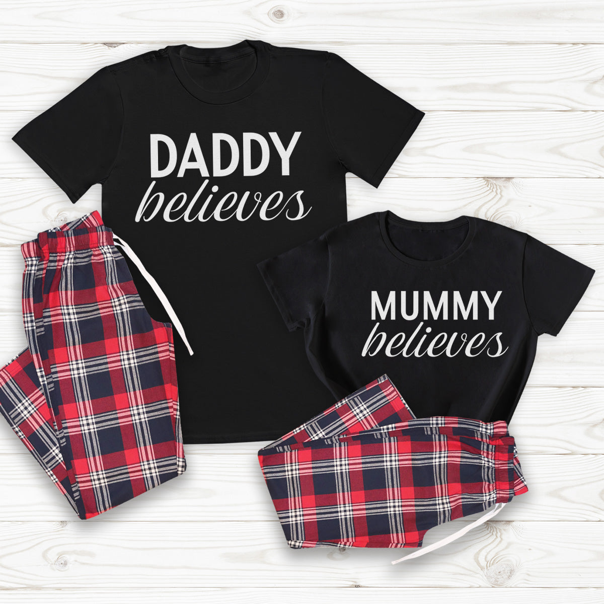 PERSONALISED Name Believes White Design - Family Matching Christmas Pyjamas - Top & Tartan PJ Bottoms - (Sold Separately)