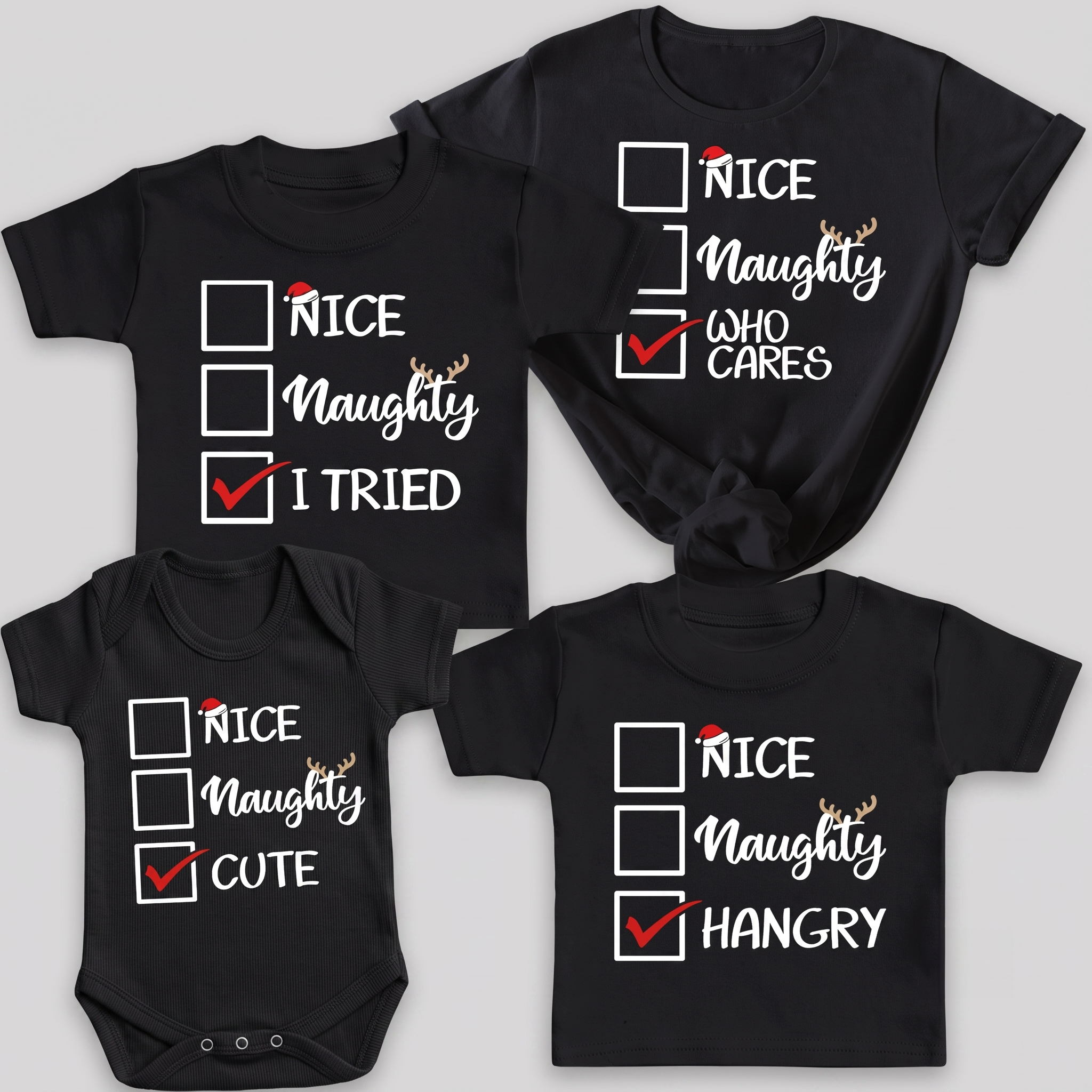 PERSONALISED Nice, Naughty Or... - Family Matching Christmas Tops - Adult, Kids & Baby - (Sold Separately)