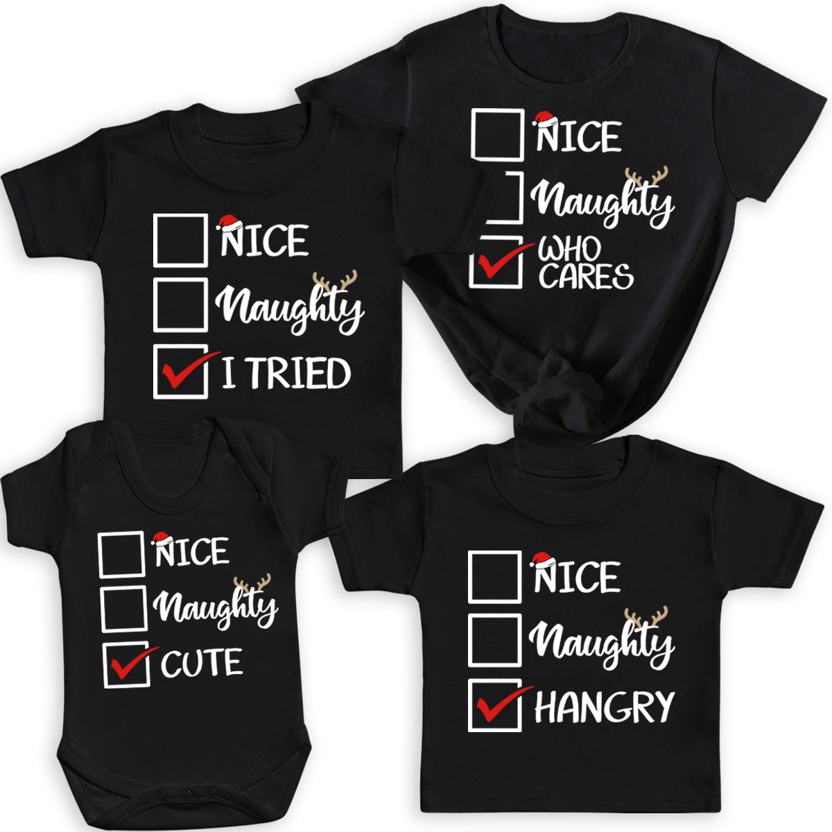 PERSONALISED Nice, Naughty Or... - Family Matching Christmas Tops - Adult, Kids & Baby - (Sold Separately)