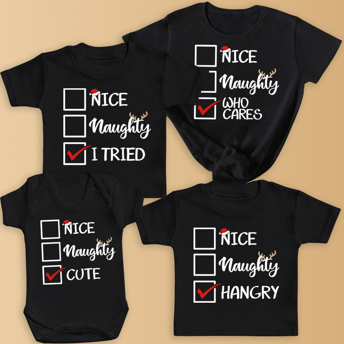 PERSONALISED Nice, Naughty Or... - Family Matching Christmas Tops - Adult, Kids & Baby - (Sold Separately)