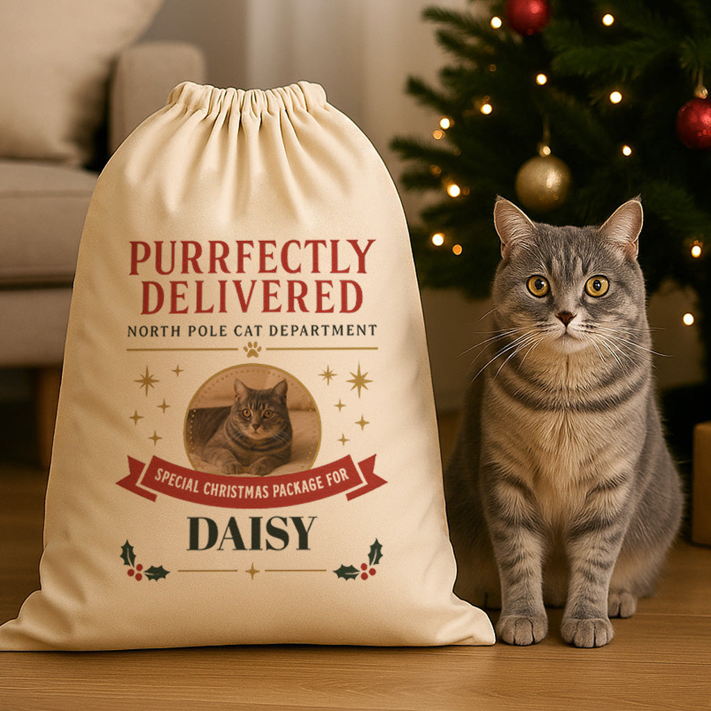 PERSONALISED Purrfectly Delivered North Pole - Christmas Cat Santa Sack