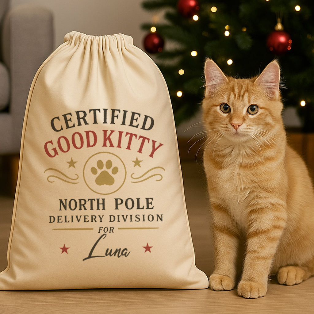 PERSONALISED Name Certified Good Kitty - Christmas Cat Santa Sack