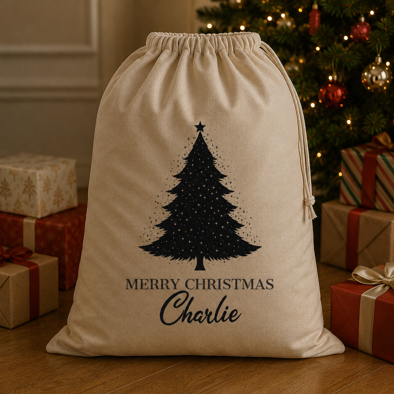 Personalisierter Name Frohe Weihnachten &amp; Baum - Weihnachtsmannsack