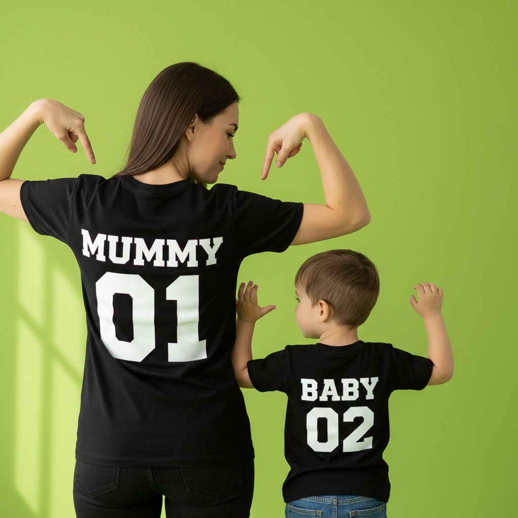 Mummy 01 Baby 02 - Baby T-Shirt & Bodysuit / Mum T-Shirt Matching Set - (Sold Separately)