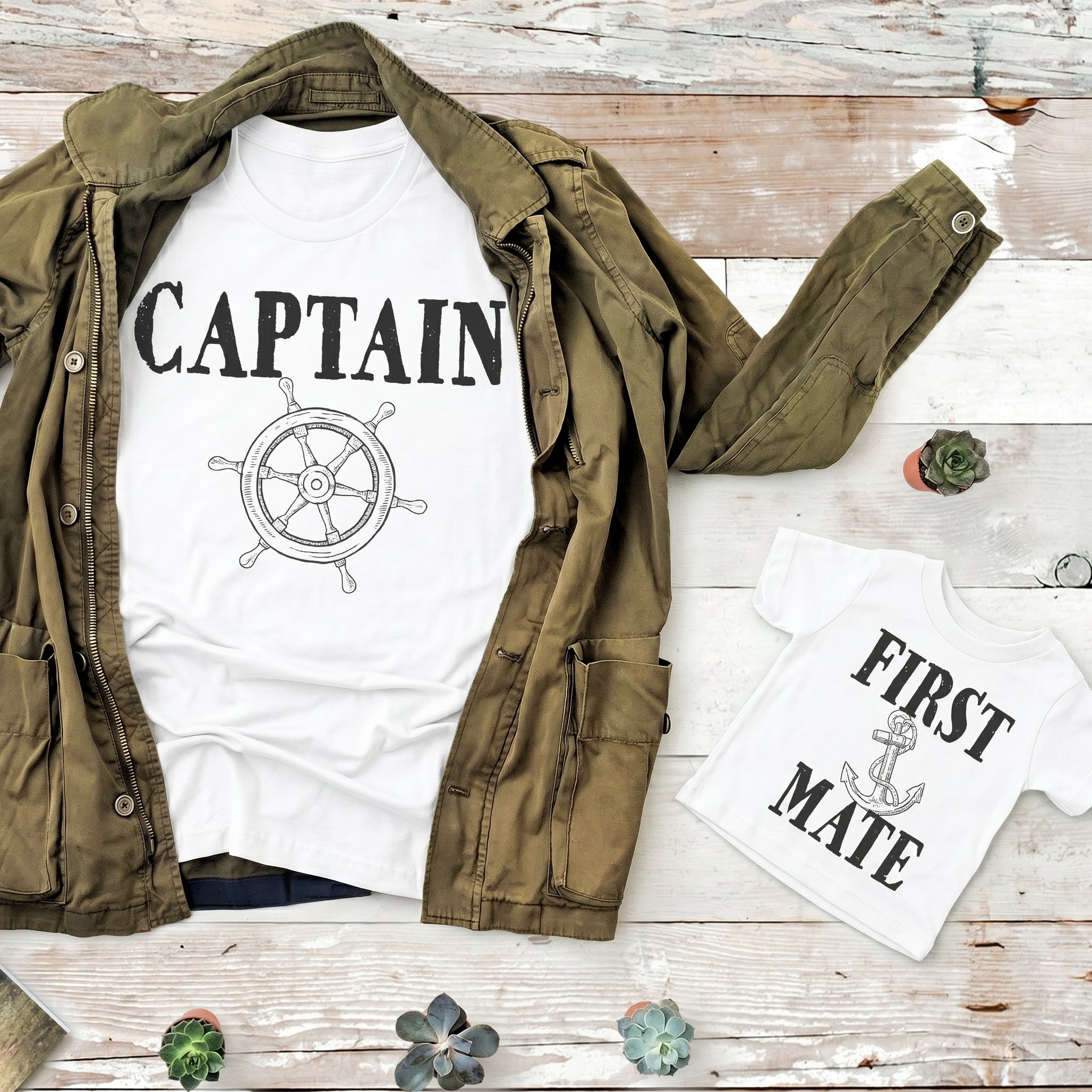 Captain & First Mate - Matching Set - Baby Bodysuit & Dad / Mum T-Shirt - (Sold Separately)