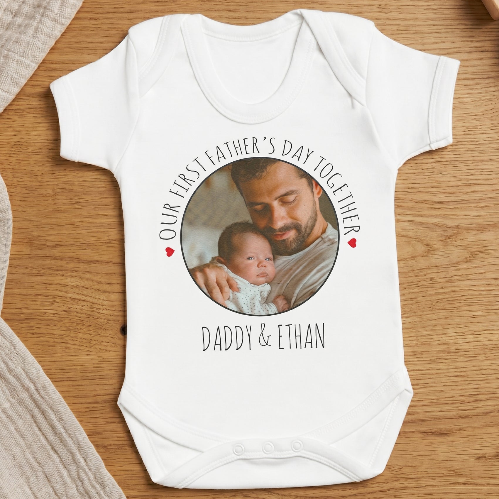 PERSONALISED Our First Father's Day Together, Circular Photo & Text - Baby Bodysuit
