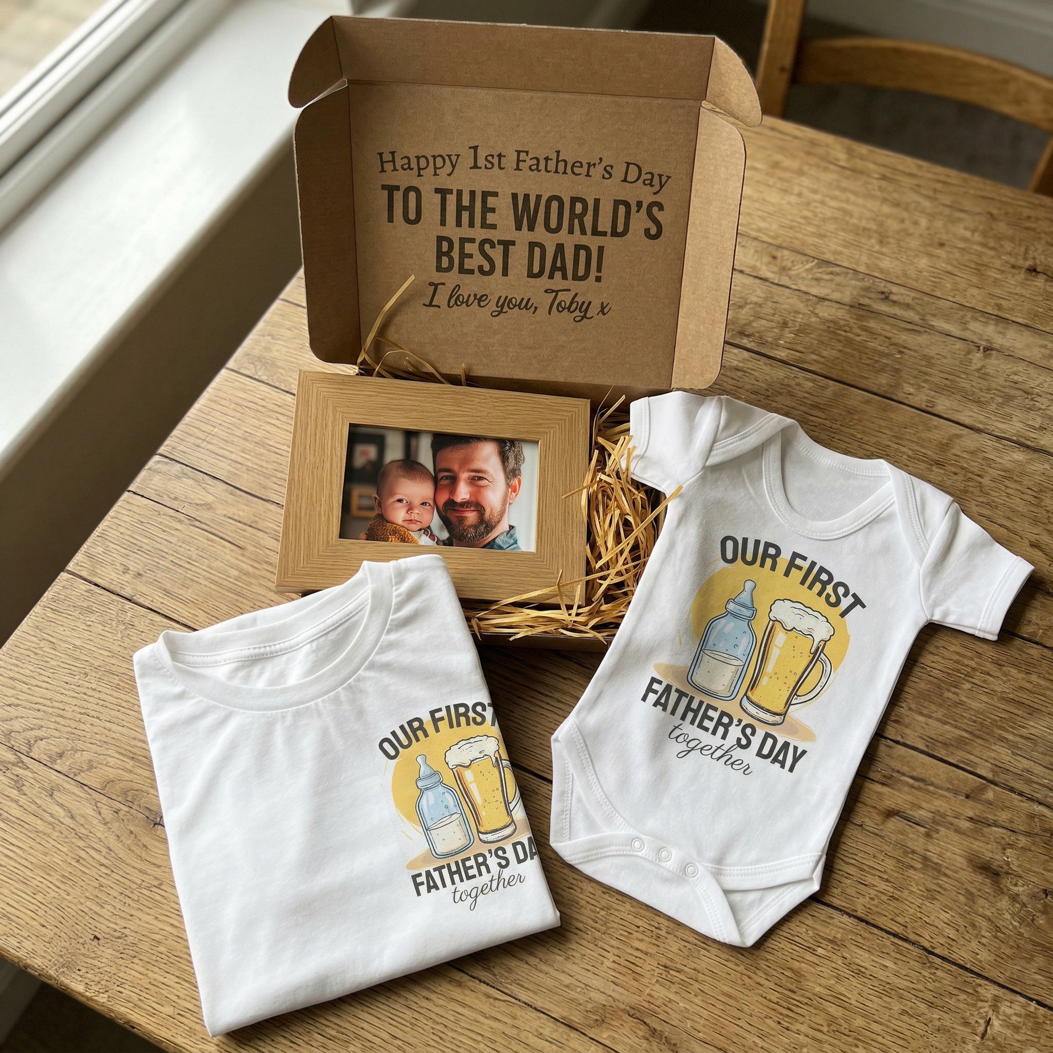 PERSONALISED Gift Box Happy 1st Father's Day Wooden Photo Frame with Dad & Baby Matching Set