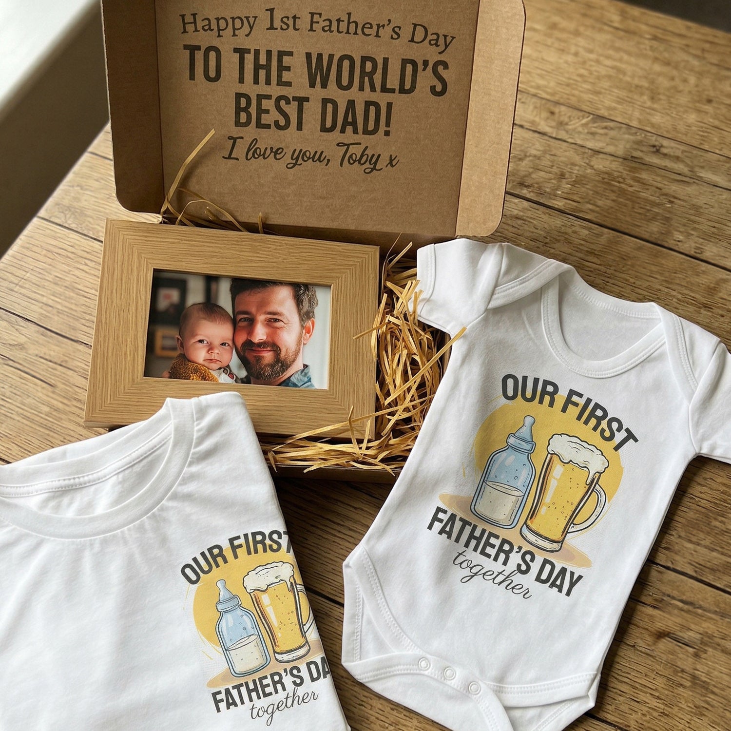 PERSONALISED Gift Box Happy 1st Father's Day Wooden Photo Frame with Dad & Baby Matching Set