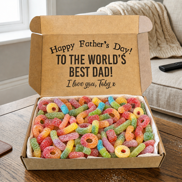 PERSONALISIERTE „Alles Gute zum Vatertag für den besten Papa der Welt“-Box mit Gelee und Sprudelbonbons