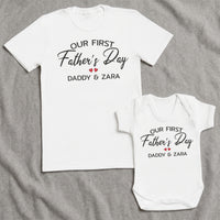 PERSONALISED Our First Father's Day Daddy and Name - Baby / Kids T-Shirt & Men's T-Shirt - (Sold Separately)