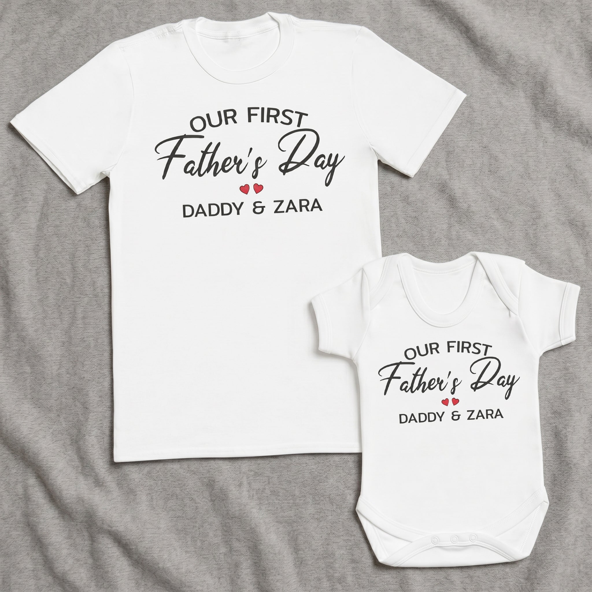 PERSONALISED Our First Father's Day Daddy and Name - Baby / Kids T-Shirt & Men's T-Shirt - (Sold Separately)