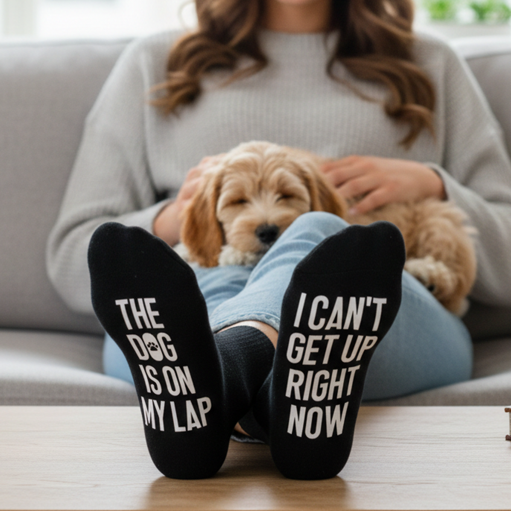 Der Hund ist auf meinem Schoß, ich kann gerade nicht aufstehen – bedruckte lustige Socken