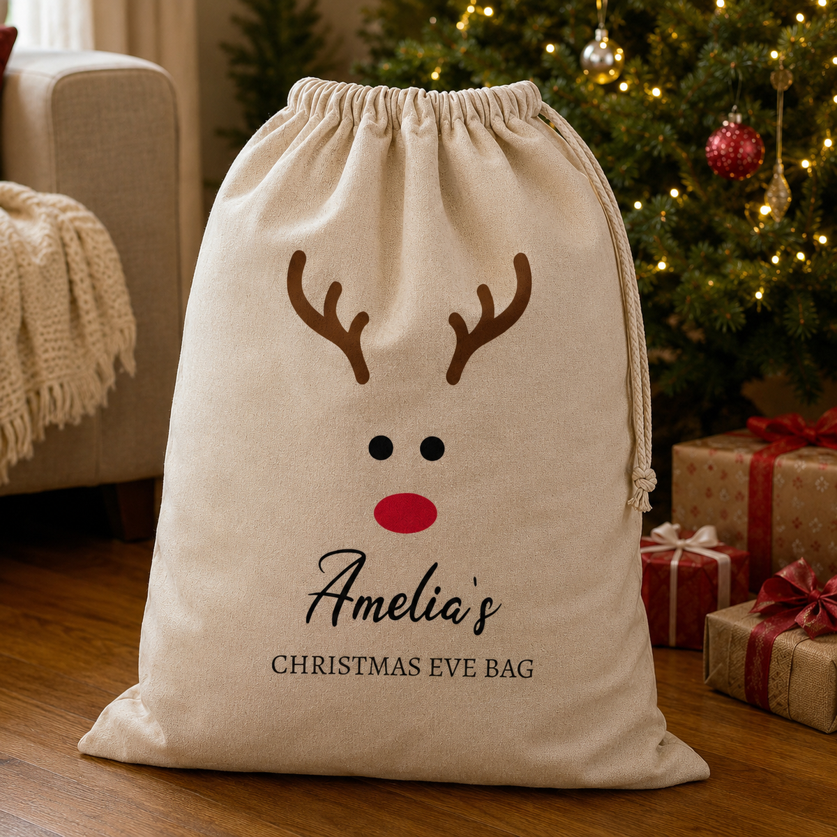 Personalisierter Rentiername „Happy Christmas Eve“ – Weihnachtssack