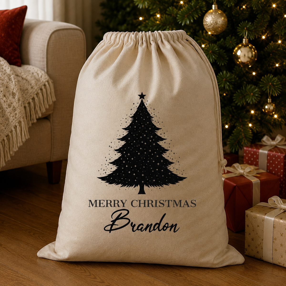 Personalisierter Name Frohe Weihnachten &amp; Baum - Weihnachtsmannsack