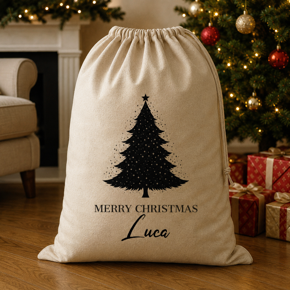 Personalisierter Name Frohe Weihnachten &amp; Baum - Weihnachtsmannsack