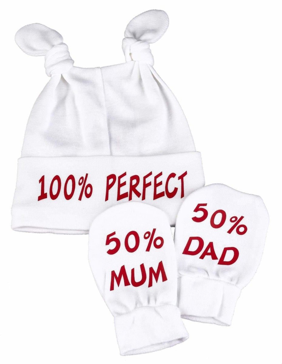 100% Perfect Knot Hat & 50% Mum And 50% Dad Scratch Mits Baby Set - The Gift Project