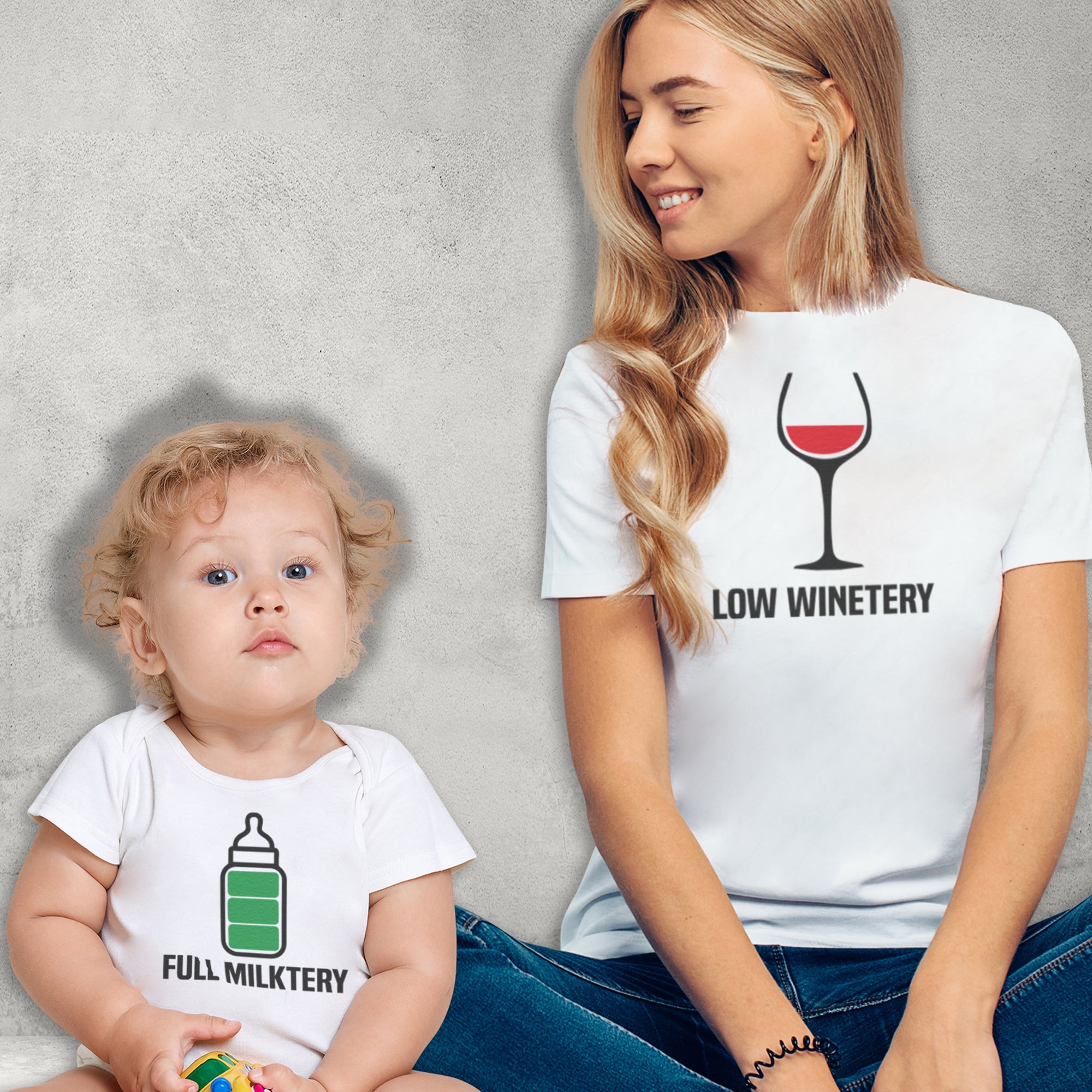 Low Winetery & Full Milktery - Baby T-Shirt & Bodysuit / Mum T-Shirt - (Sold Separately)