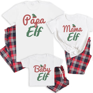 Papa Elf, Mama Elf & Baby Elf - Family Matching Christmas Pyjamas - Top & Tartan PJ Bottoms - (Sold Separately)