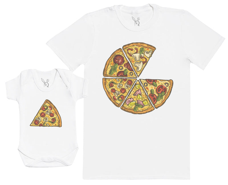 Pizza & Pizza Slice - Matching Set - Baby Bodysuit & Dad / Mum T-Shirt - (Sold Separately)