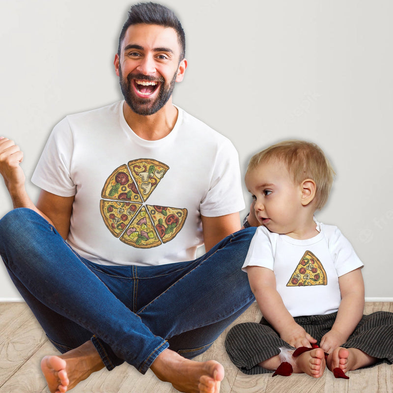 Pizza & Pizza Slice - Matching Set - Baby Bodysuit & Dad / Mum T-Shirt - (Sold Separately)