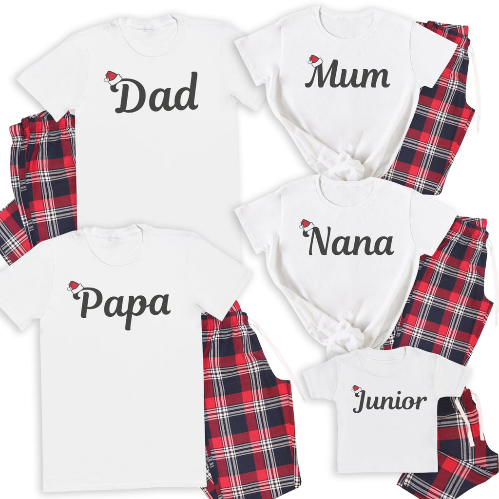 Family Name Santa Hat - Family Matching Christmas Pyjamas - Top & Tartan PJ Bottoms - (Sold Separately)