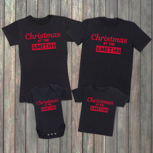 Personalised Christmas At The 'Custom Name' - Family Matching Christmas Tops - White T-Shirts - (Sold Separately)