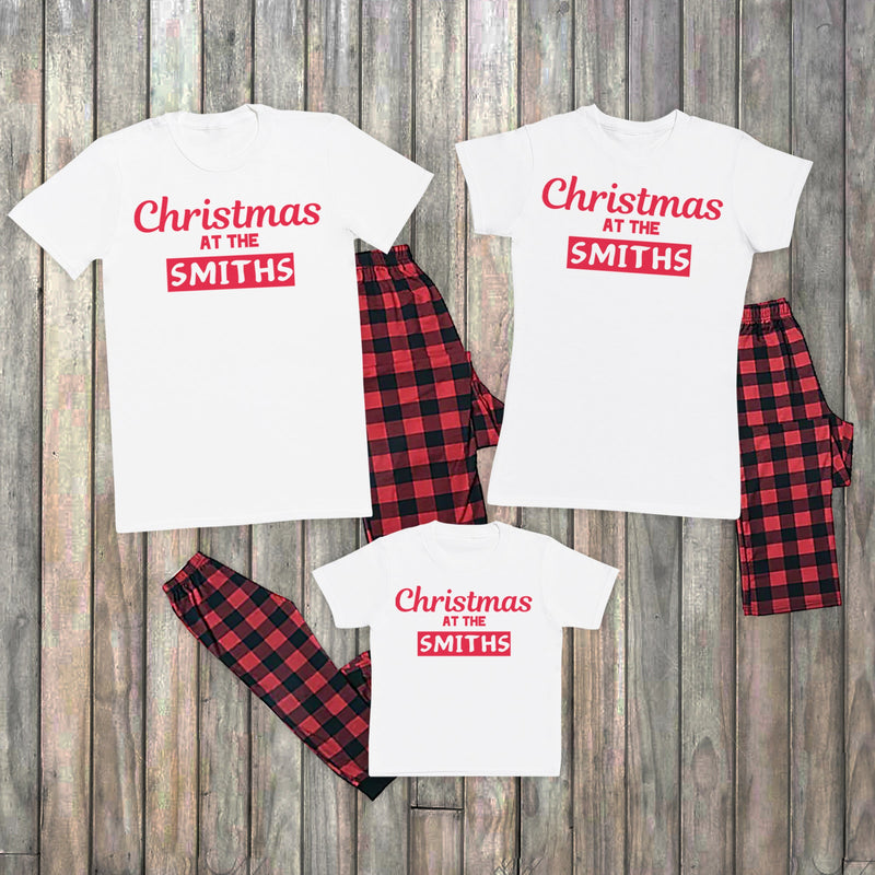 Christmas At The 'Custom Name' - Family Matching Christmas Pyjama - Black T-Shirts & Pj Bottoms - (Sold Separately)