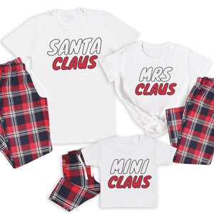 Santa Claus, Mrs Claus & Mini Claus - Family Matching Christmas Pyjamas - Top & Tartan PJ Bottoms - (Sold Separately)
