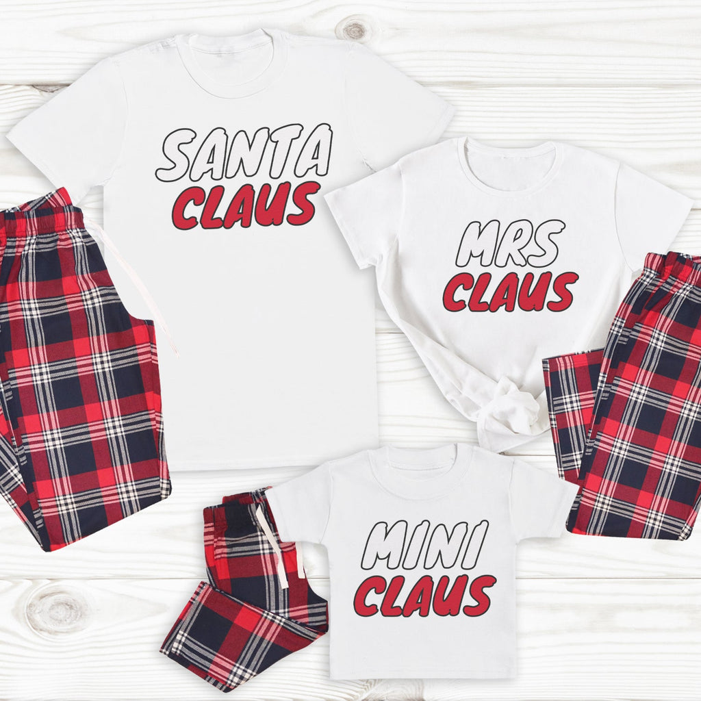 Santa Claus, Mrs Claus & Mini Claus - Family Matching Christmas Pyjamas - Top & Tartan PJ Bottoms - (Sold Separately)