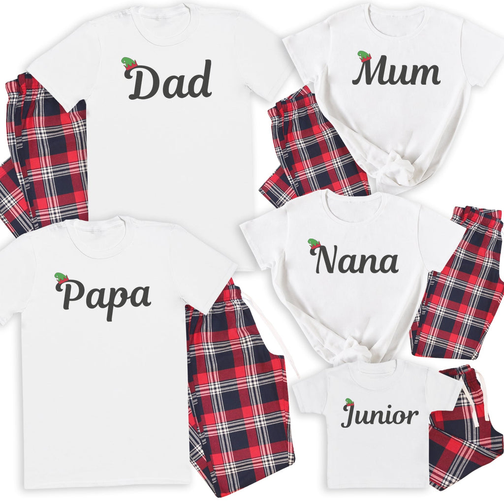 Family Name Elf Hat - Family Matching Christmas Pyjamas - Top & Tartan PJ Bottoms - (Sold Separately)