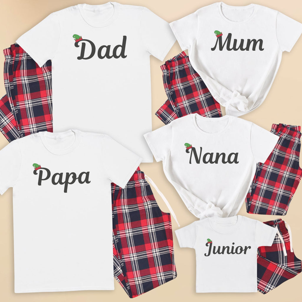 Family Name Elf Hat - Family Matching Christmas Pyjamas - Top & Tartan PJ Bottoms - (Sold Separately)