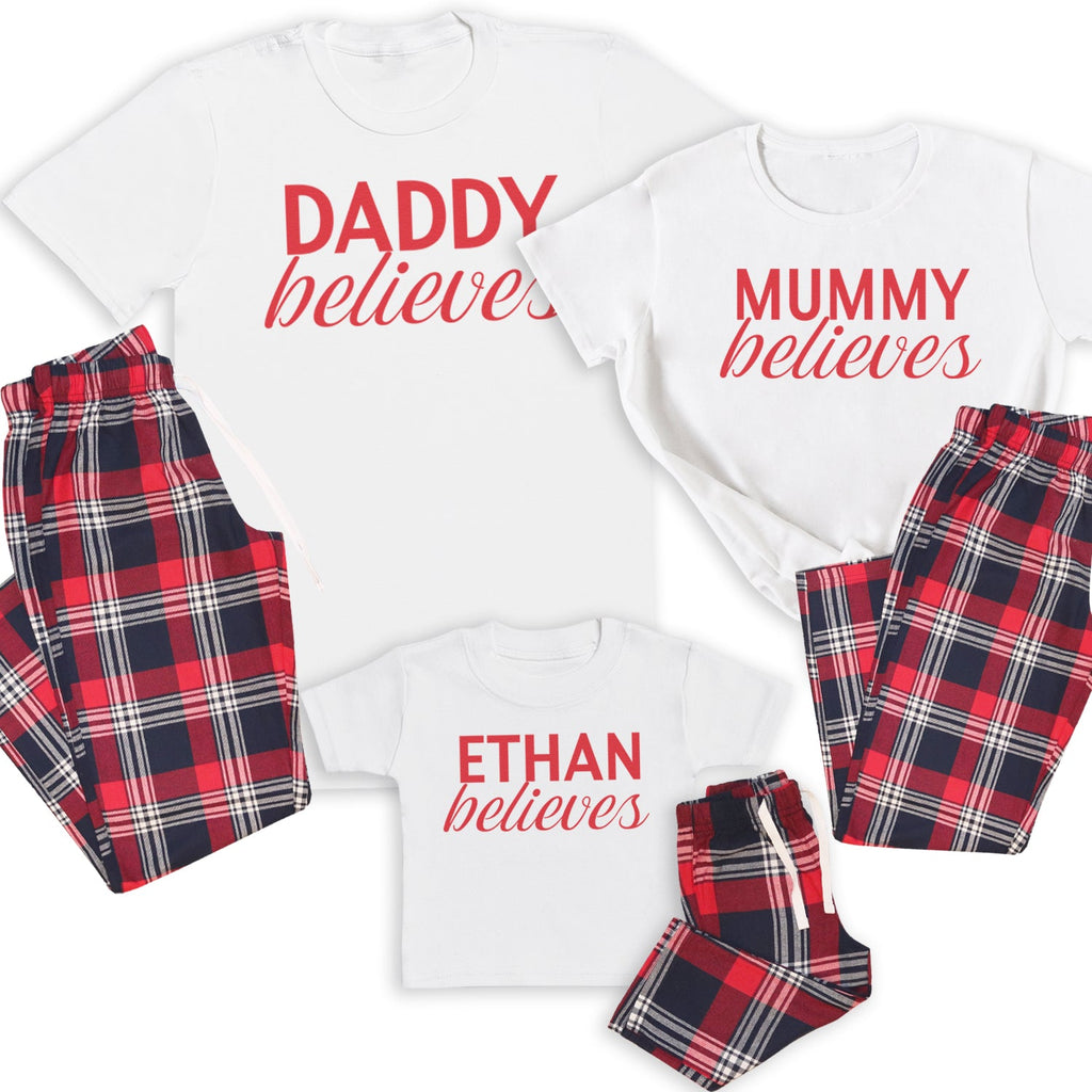 Personalised Daddy, Mummy & ... Believes - Family Matching Christmas Pyjamas - Top & Tartan PJ Bottoms - (Sold Separately)