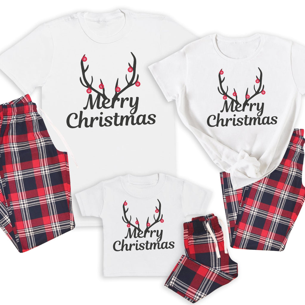 Merry Christmas Antlers - Family Matching Christmas Pyjamas - Top & Tartan PJ Bottoms - (Sold Separately)