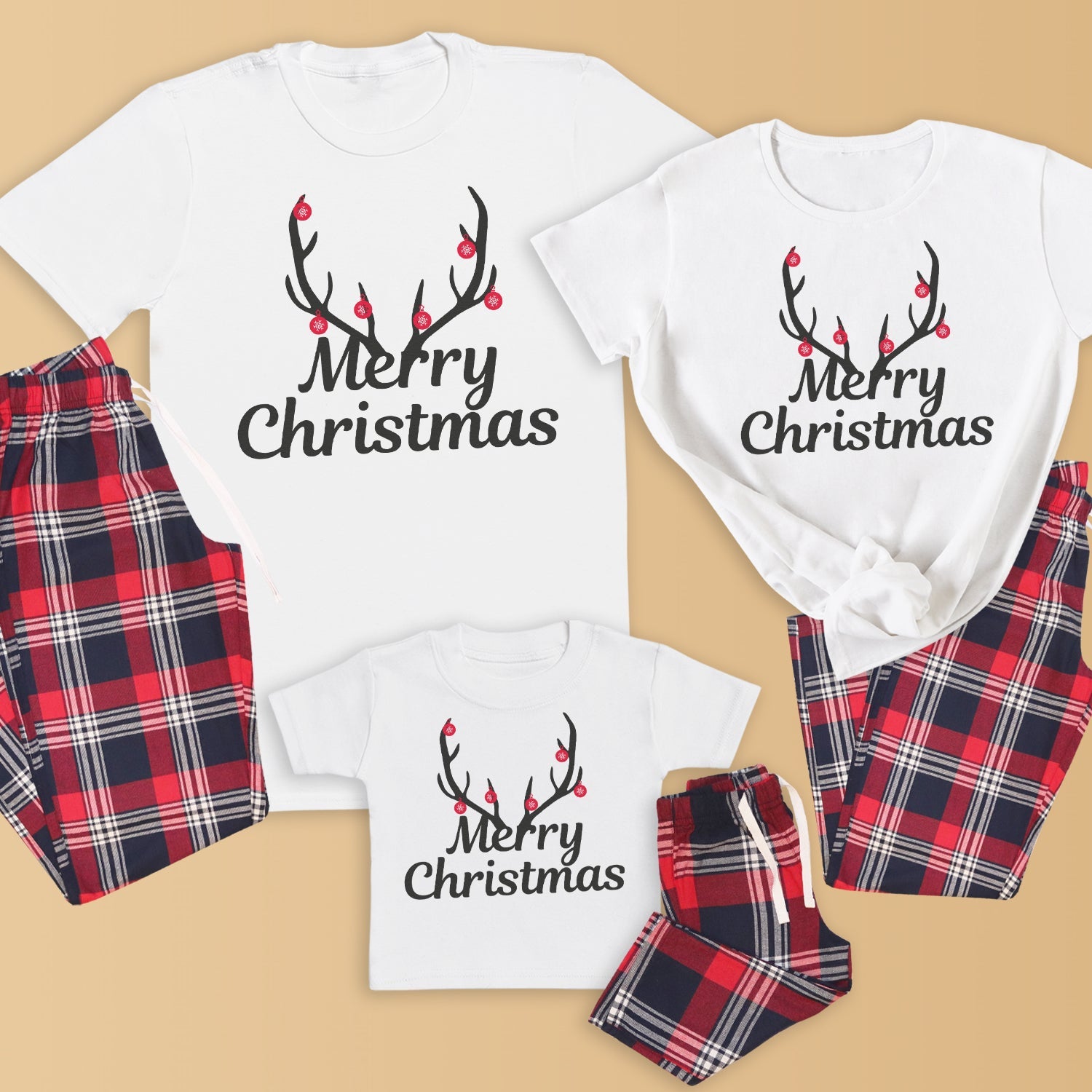 Merry Christmas Antlers - Family Matching Christmas Pyjamas - Top & Tartan PJ Bottoms - (Sold Separately)
