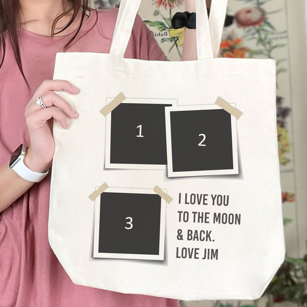 Personalised 3 Photo Polaroids & Text - Canvas Tote Bag