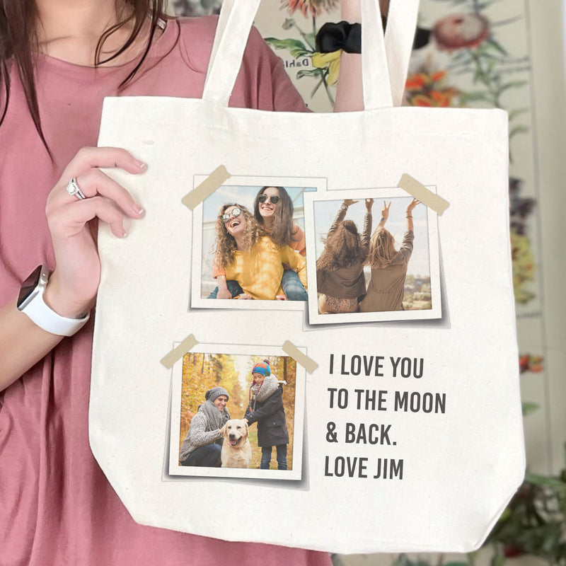 Personalised 3 Photo Polaroids & Text - Canvas Tote Bag