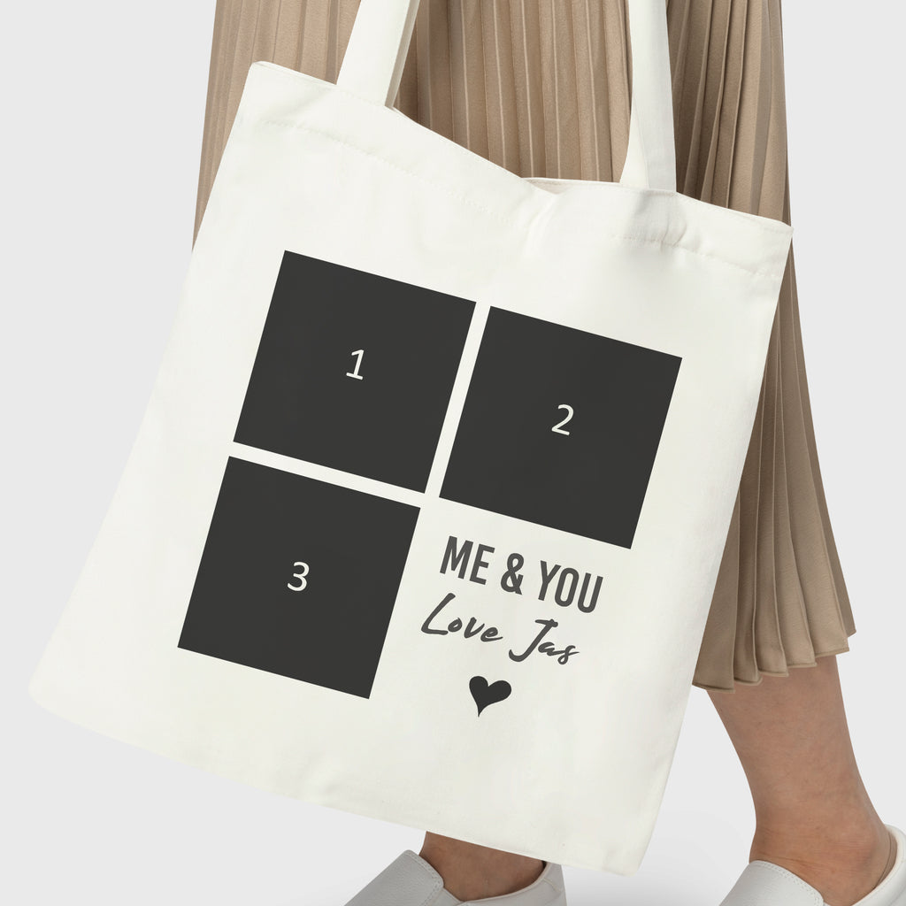 Personalised 3 Photo Upload & Love You Text - Canvas Tote Bag