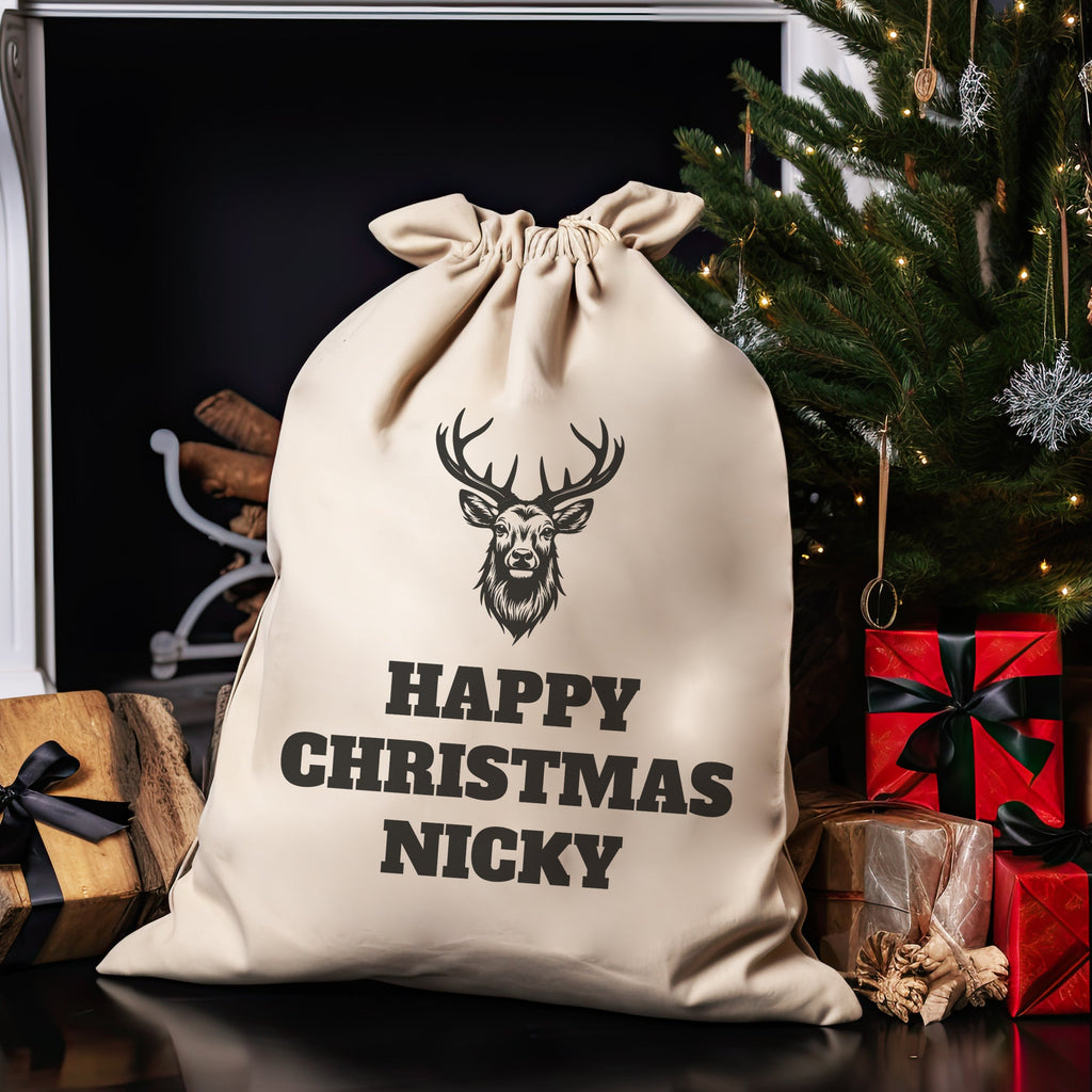 Personalised Reindeer Happy Christmas Name - Christmas Santa Sack