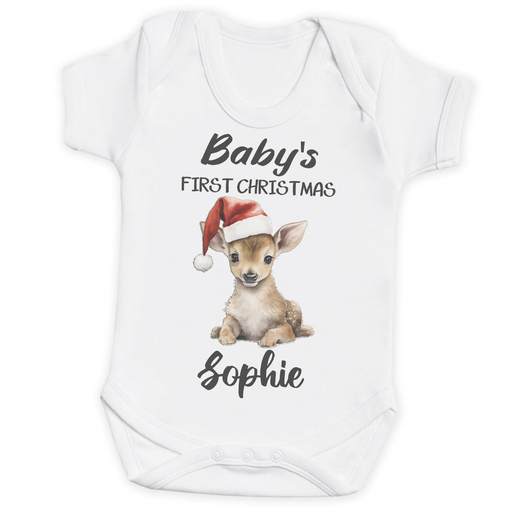 PERSONALISED Baby's First Christmas, Baby Reindeer & Name - Baby Bodysuit & Baby T-Shirt
