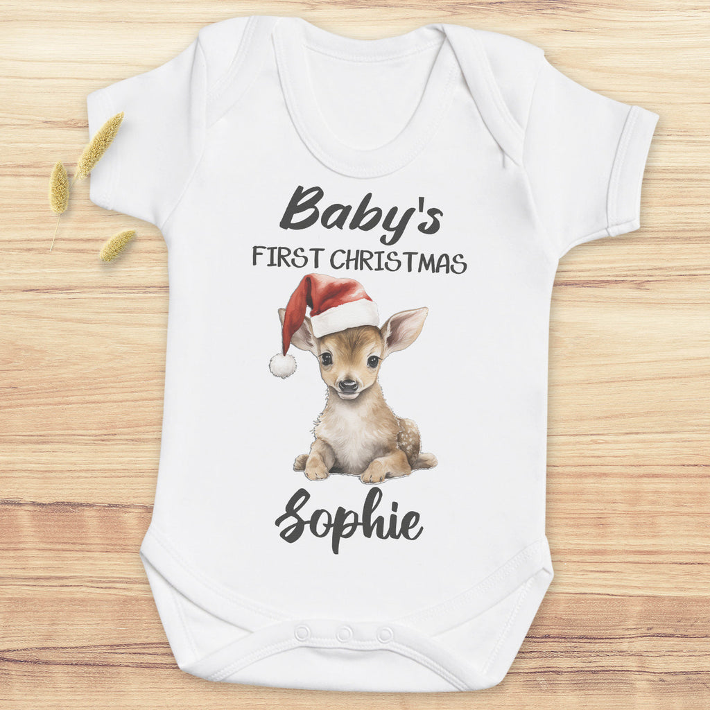 PERSONALISED Baby's First Christmas, Baby Reindeer & Name - Baby Bodysuit & Baby T-Shirt