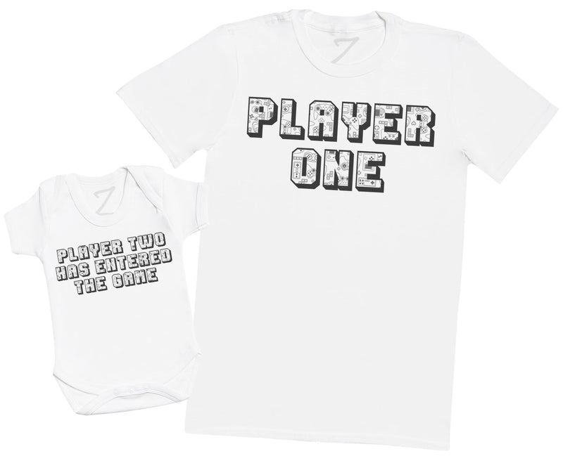 Player One Player Two TEXT - Baby Bodysuit & Dad / Mum T-Shirt - (Sold Separately)