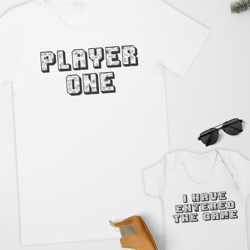 Player One Player Two TEXT - Baby Bodysuit & Dad / Mum T-Shirt - (Sold Separately)