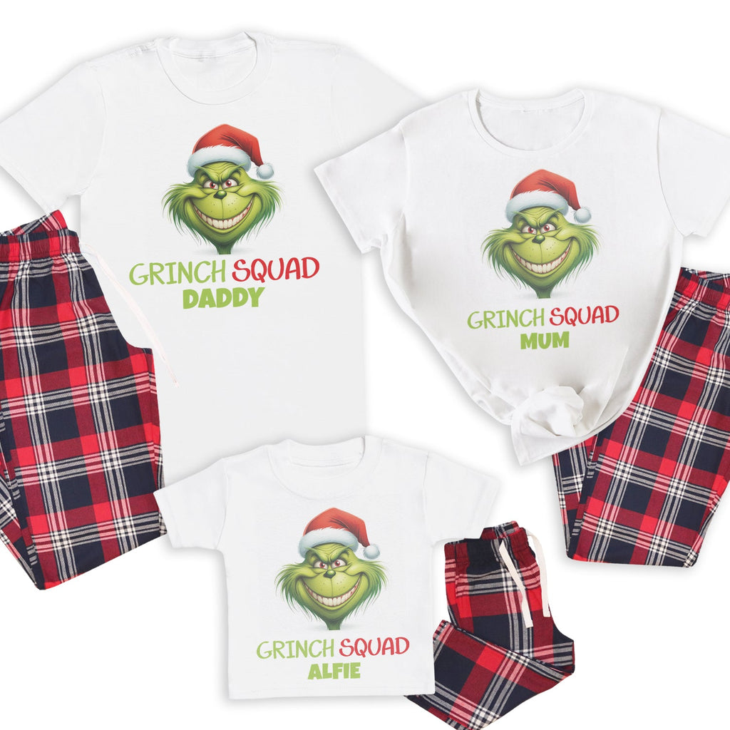 Personalised Grinch Squad - Family Matching Christmas Pyjamas - Top & Tartan PJ Bottoms - (Sold Separately)